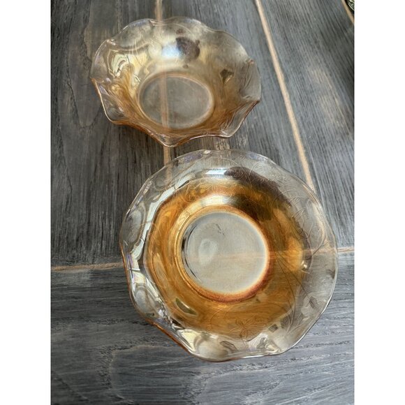 Vintage Amber Glass Bowls Set Of 2 With Intricate Floral Designs - 6" Diameter D - Picture 1 of 11